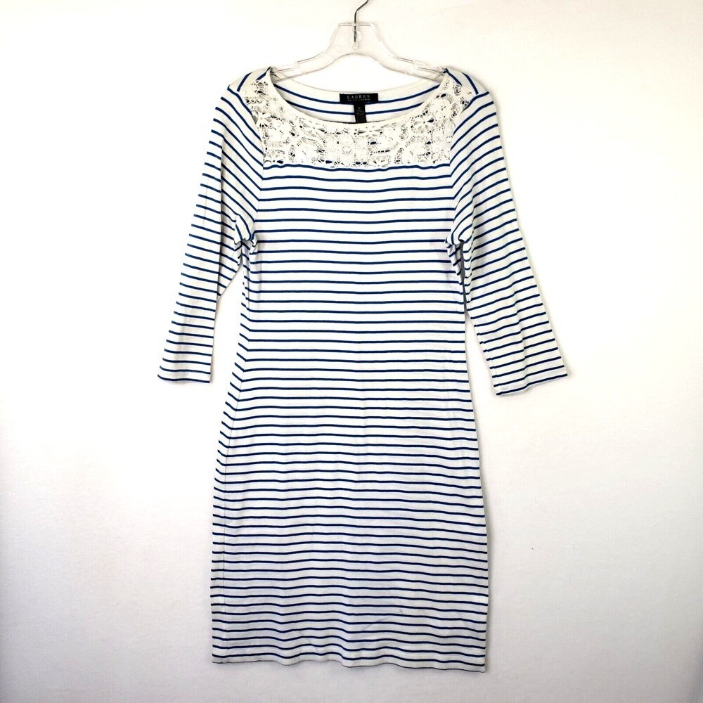 Lauren Ralph Lauren Striped Knit Dress Lace Detail Casual Cotton Blend Size M